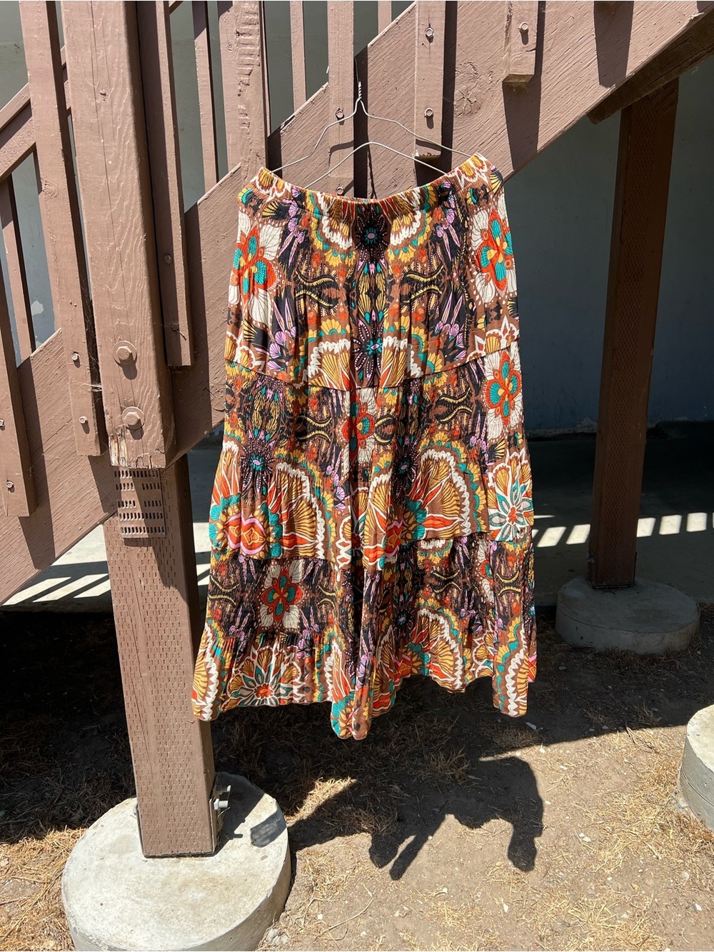 Bohemian Floral Tiered Maxi Skirt — Orange Multi